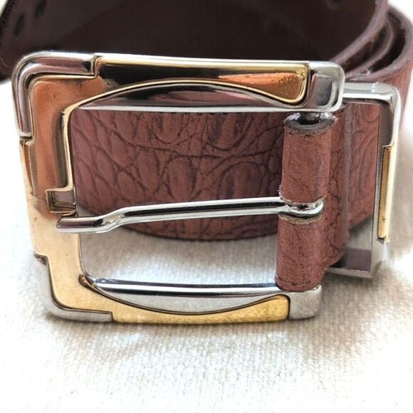 Genuine Leather Croc Embossed Brown Belt Gold & Silver Buckle and Tip Vintage - Picture 2 of 11